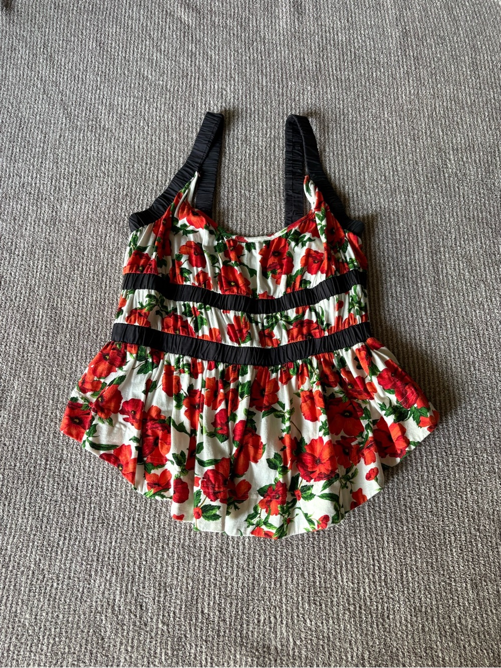 Anthropologie Red Floral Peplum Tank with Black Trim